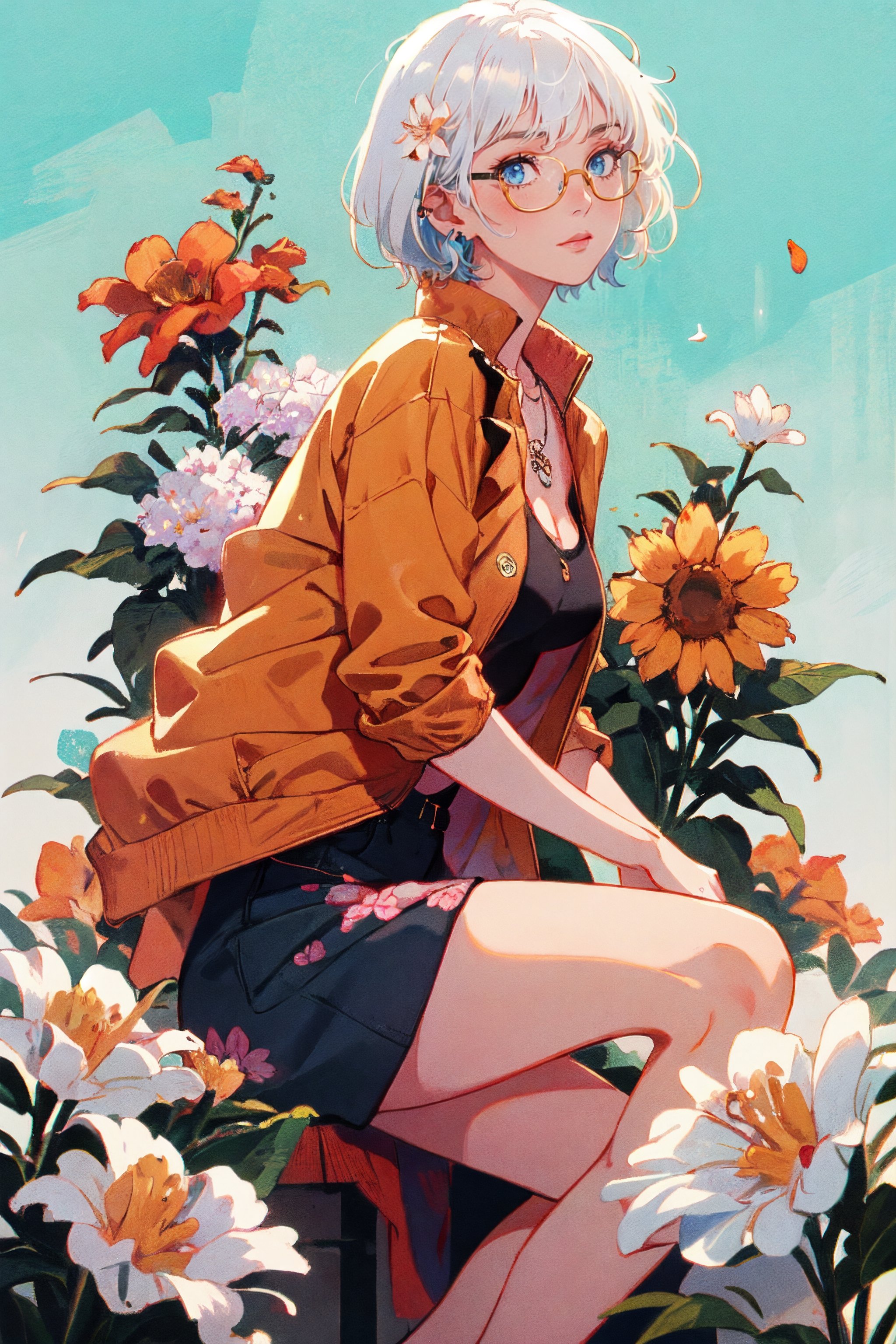 1girl, short hair, blue eyes, earrings, simple background, flower, upper body, hair flower, orange-tinted eyewear, sunglasses, necklace, jacket, closed mouth, floral print, bangs, blonde hair, white hair, makeup, round eyewear, piercing, details, realist skin, skin detailed, underboobs, tatoos,art ,retroartstyle