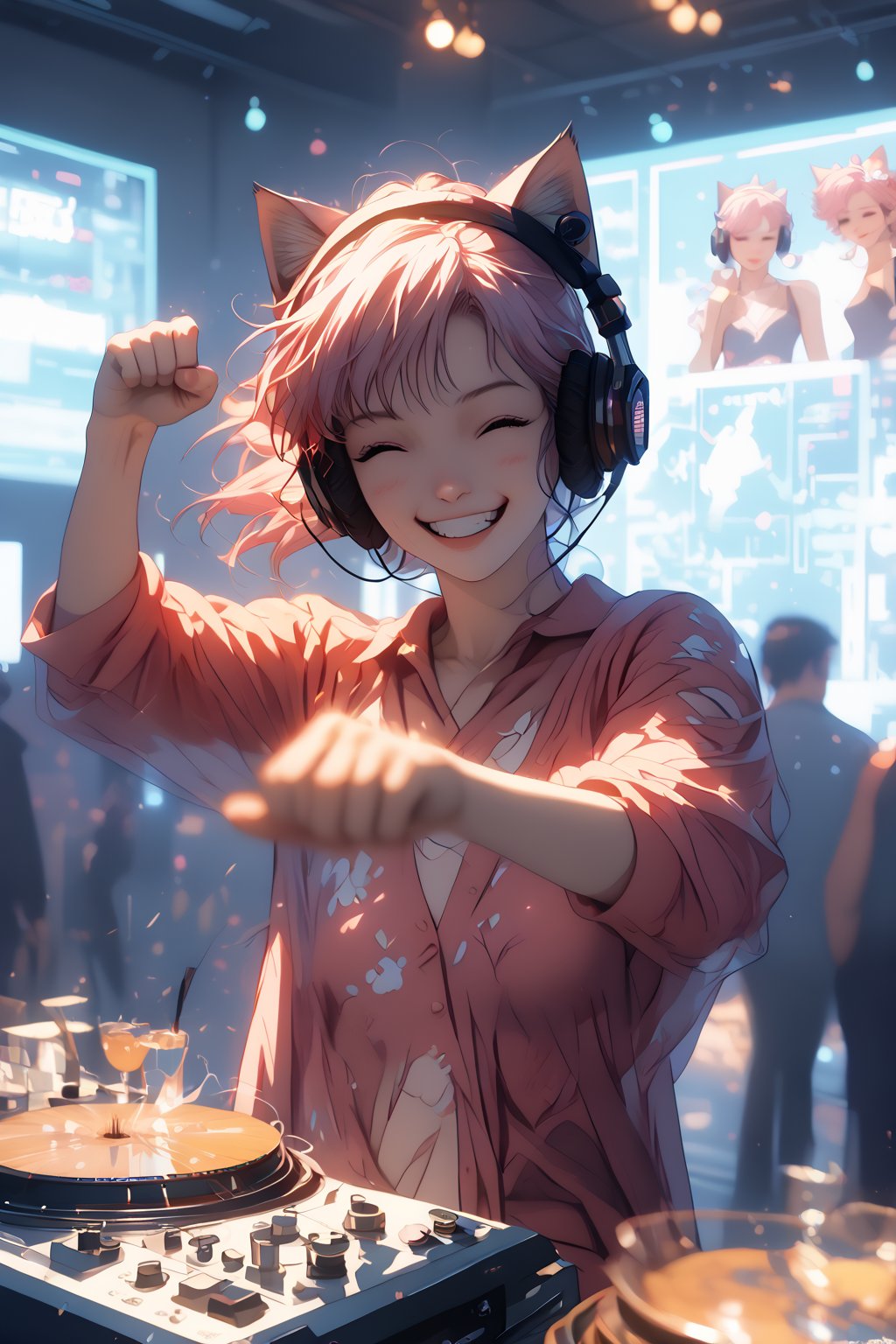 score_9, score_8_up, score_7_up BREAK  Magic Style BREAK woman, white fox, thick tail, cat ears, 30s, DJing, machines are friends, wearing headphones, raising fist, winking, Let's Go! , idol, cute, smiling, gut-punching, futuristic cute full-body coordination, attracting audience, stirring, energetic, dynamic standing, bright studio, poster-like scene, high-tension rhythm, sparkling eyes, pink hair, beautiful face, colorful colors, pull camera Composition, High Quality, 8K Ultra HD, 3D Effects Animation, Digital Animation, Daylight Atmosphere, Soft Animation Style, Kyoto Animation Style, Luminous, Luminous 3D Effects, Luminous, 3D Rendering, Octane Rendering, Isometric, Full Color , subtle animated character expressions, playful body manipulation, smiling, wide angle, camera-eye view, whimsical lighting, soft textures, imaginative artwork, mysterious glow, quiet luminous, high quality, high resolution, (blur: 2)