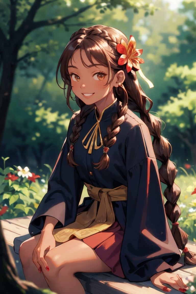 Masterpiece, best quality,ultra detailed, 1girl, sitting, solo, smile, jewelry, looking at viewer, red nails, long hair, earrings, hair ornament, brown hair, teeth, tree, skirt, long sleeves, flower, blurry background, dress, shiny, braid, ribbon,More Exposure,drk skin,dark_skin_female