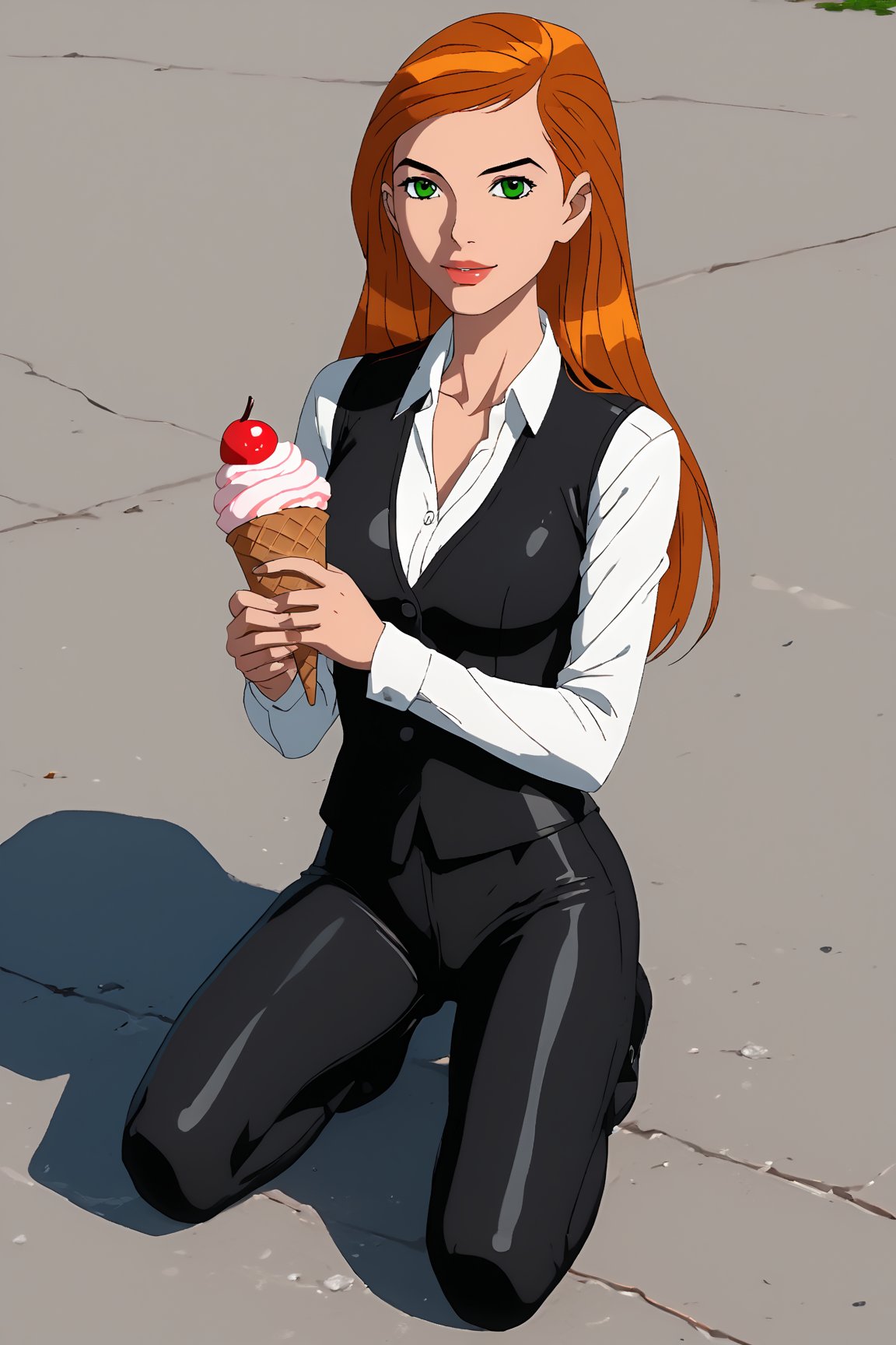 score_9, score_8_up, score_7_up, source_anime,jkj,1girl,Gwenalienforce,green eyes, long hair, orange hair,Black eyebrows, toothy smile, full body 
break 
Shiny skin, glossy skin, detailed skin, shiny, glossy hair, day.,
Break 
holding,ice cream,lips,red shirt, long sleeves,black vest, pants