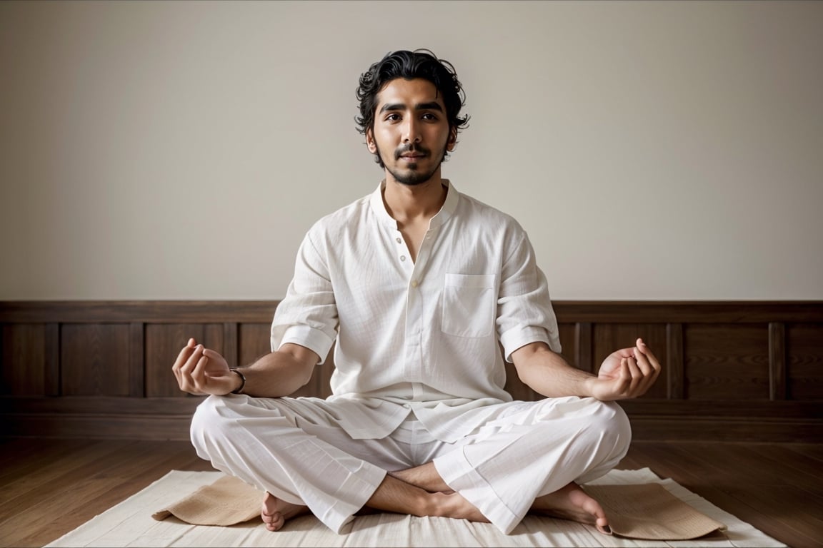 front of actor dev patel in white linen clothes,  sitting in lotus seat,  meditating by ArtAIAlchemy on Tensor.Art
