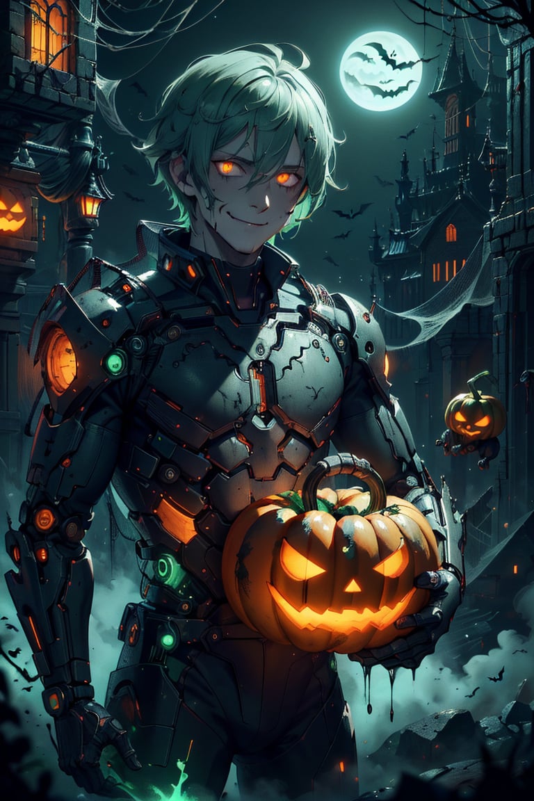 masterpiece, halloweentech , scifi,  supernatural green, spooky,scroll, 1boy, silver hair, glowing eyes, smile ,closed mouth, holding scroll, outdoors, 