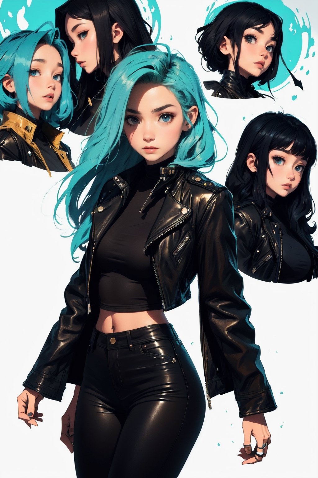 Very detailed illustration in anime style of an adult woman wearing rocker clothes, leather jacket black jeans, extremely detailed face, (very detailed hair), creepy dungeon environment, slimes, (secret of mana), (mushoku tensei merged with dungeons and dragons), JRPG, pixiv, konachan, high contrast, flat colors, cel shaded