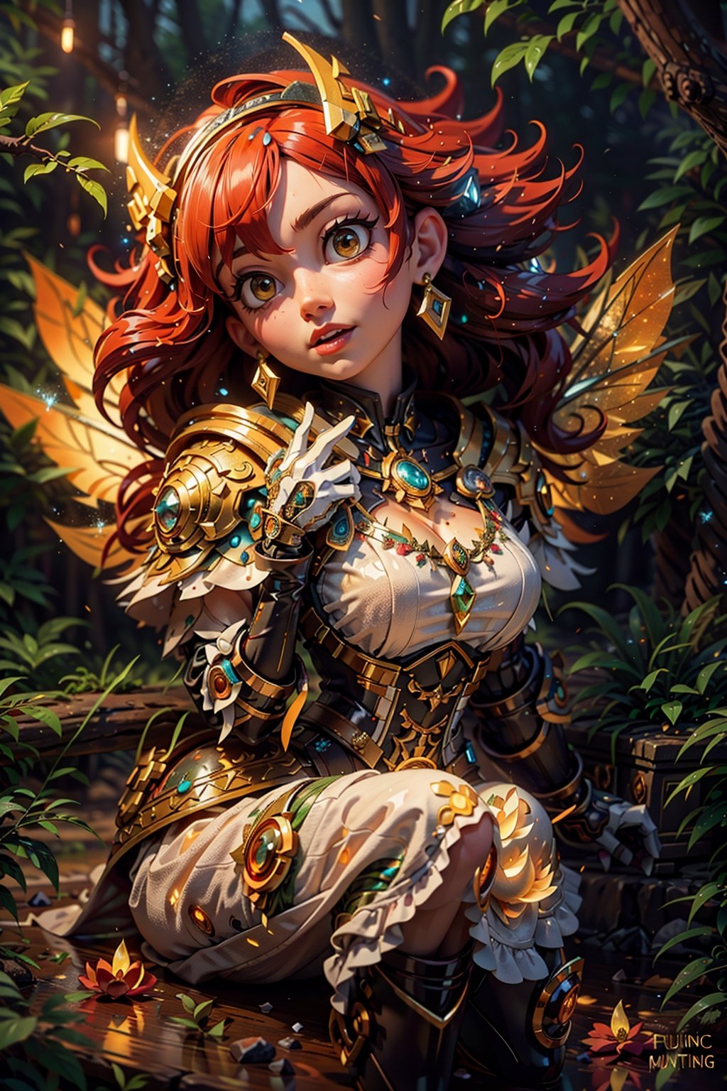 a ginger Huntress detailed, symmetric, luminism, dark shot, a dark night magical forest atmosphere, octane render, a fairy dust, a bioluminescence, a purity, detailed face, night, maximalism, rococo, global illumination, luminism, detailed, intricate, fractal details, hyperdetailed, a cloths soaked in a brightly shining led fairy dust, warm colors, intricate details, volumetric, glaring eyes, ultra closeup,fantchar,mecha musume