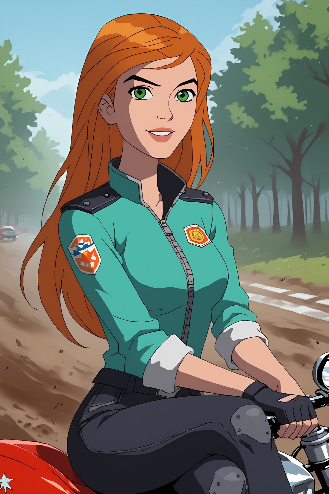 score_9, score_8_up, score_7_up, source_cartoon ,jkj,1girl,Gwenalienforce,green eyes, solo, long hair, orange hair,Black eyebrows, crossed legs,toothy smile 
Break 
 taking a ride on an all-terrain motorcycle, very windy, depth of field, dirt road racing in a forest crossing a stream, dusty, reflections, water splashes, open-mouth smile, eye contact viewer