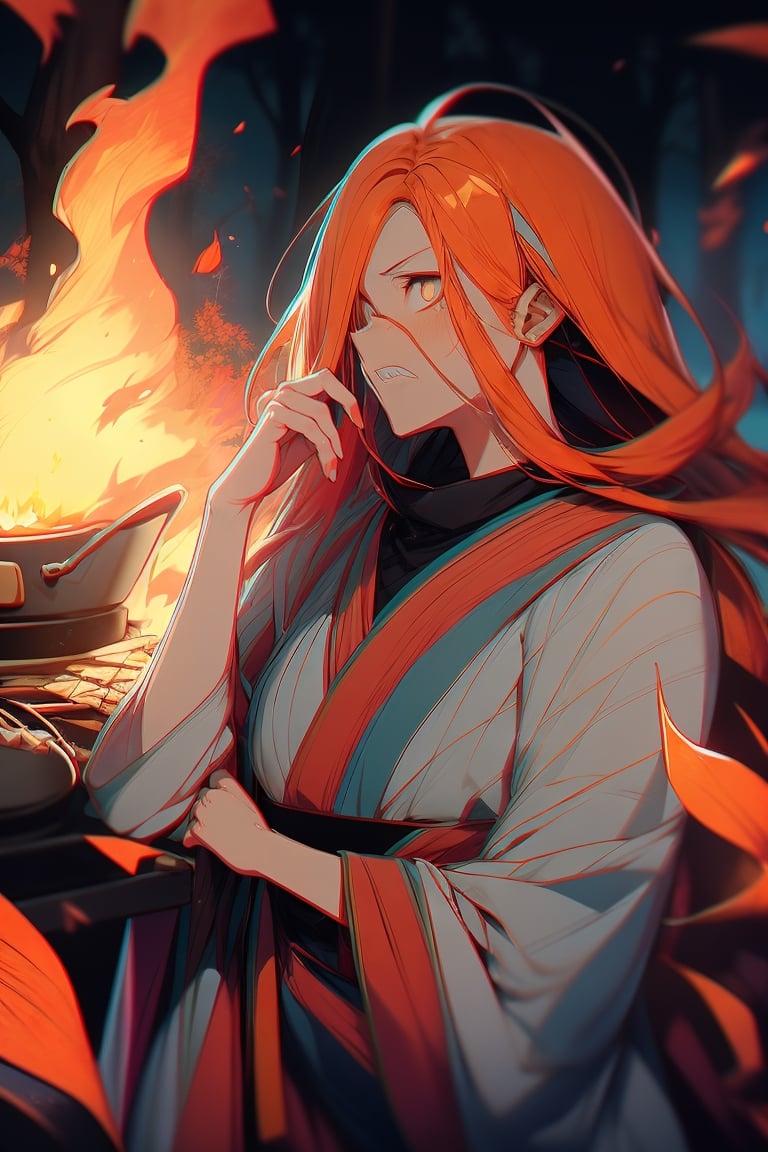 ,`detailed cg, anime picture, shiny hair and skin, chromatic aberration, transparent background, depth of field, colorful ,cinematic light, soft lighting, glowing skin,

Kamado_Nezuko, 1girl, solo, looking_at_viewer, teeth, orange_hair, slit_pupils, clenched_teeth, angry, veins, asa_no_ha_\(pattern\), checkered_sash, fire, forest