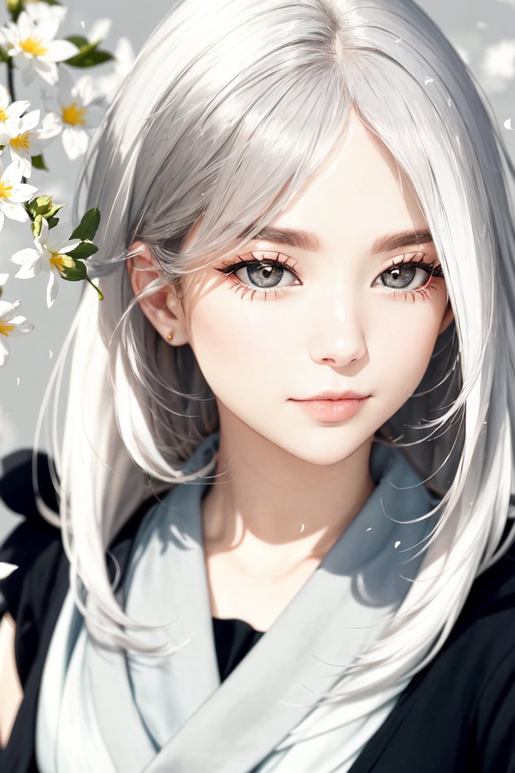 (front lighting:1.5),(masterpiece, high resolution, realistic portrait:1.3), an anime woman with an ethereal presence, portraying a serene sisterly figure, (long silver-white hair:1.2), cascading down her back, (light pink lips:1.1), gentle and calm, bangs elegantly framing her face, (gray pupils:1.4), radiating a sense of wisdom, standing in a cold wind, (realistic portrayal:1.1), delicate petals dancing in the air, (flower background:1.2), adding a touch of beauty and fragility, (calm and rational expression:1.1), portraying her composed nature, (delicate and serene face:1.2), capturing her tranquility, mid-shot focusing on her delicate features, (subtle wind-blown strands of hair:1.1), (background music:1.2), evoking a sense of calmness and introspective, light