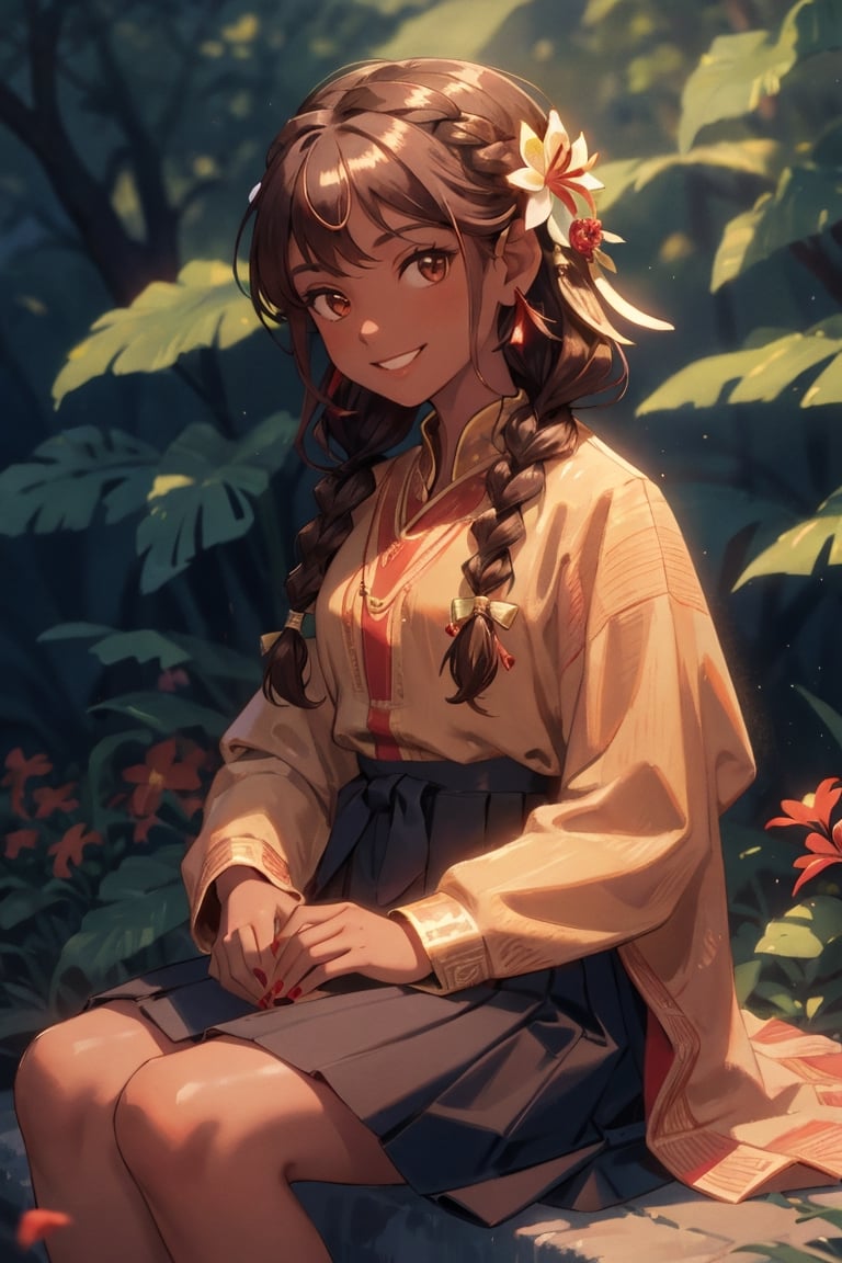 Light adjustment,Masterpiece, best quality,ultra detailed, 1girl, sitting, solo, smile, jewelry, looking at viewer, red nails, long hair, earrings, hair ornament, brown hair, teeth, tree, skirt, long sleeves, flower, blurry background, dress, shiny, braid, ribbondrak skin,dark_skin_female