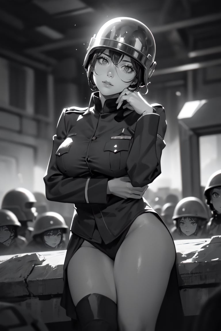 (super detailed), (beautiful background, detailed background),1girl, breasts, monochrome, greyscale, soldier, uniform, helmet, military, female focus, military uniform, sitting, war,manly,holding , light 