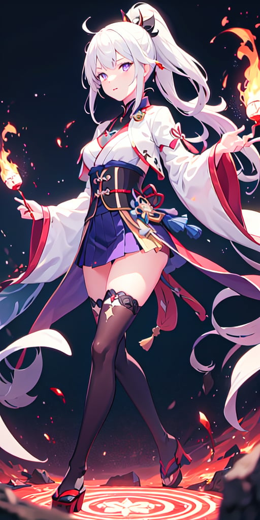 1girl, japanese clothes, ponytail ,white hair, purple eyes, magic circle, blue fire, blue flames, wallpaper, landscape, blood, blood splatter, depth of field, night, light particles, light rays, sidelighting, thighs, fate \(series\), genshin impact, ****, open jacket, skirt, thighhighs, cloud