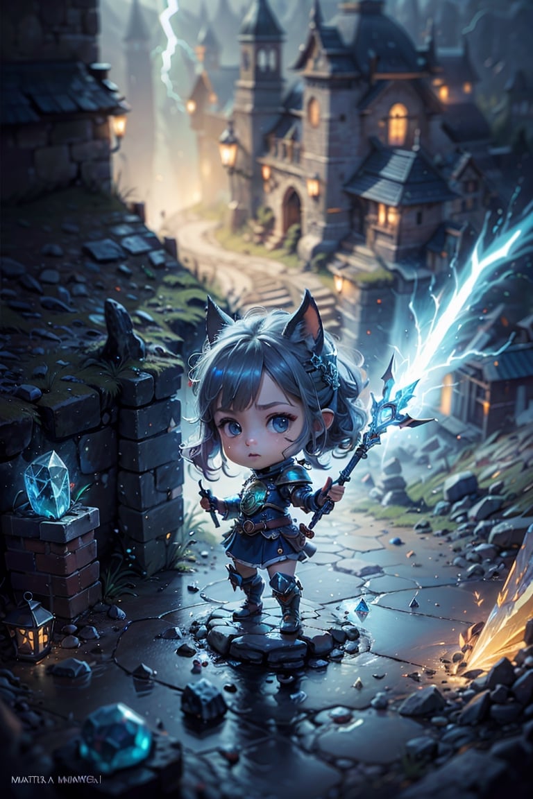 very detailed tiny chibi girl with full armor in a dungeon,  ((looting lots of glowy crystals)),  dynamic pose by ArtAIAlc...