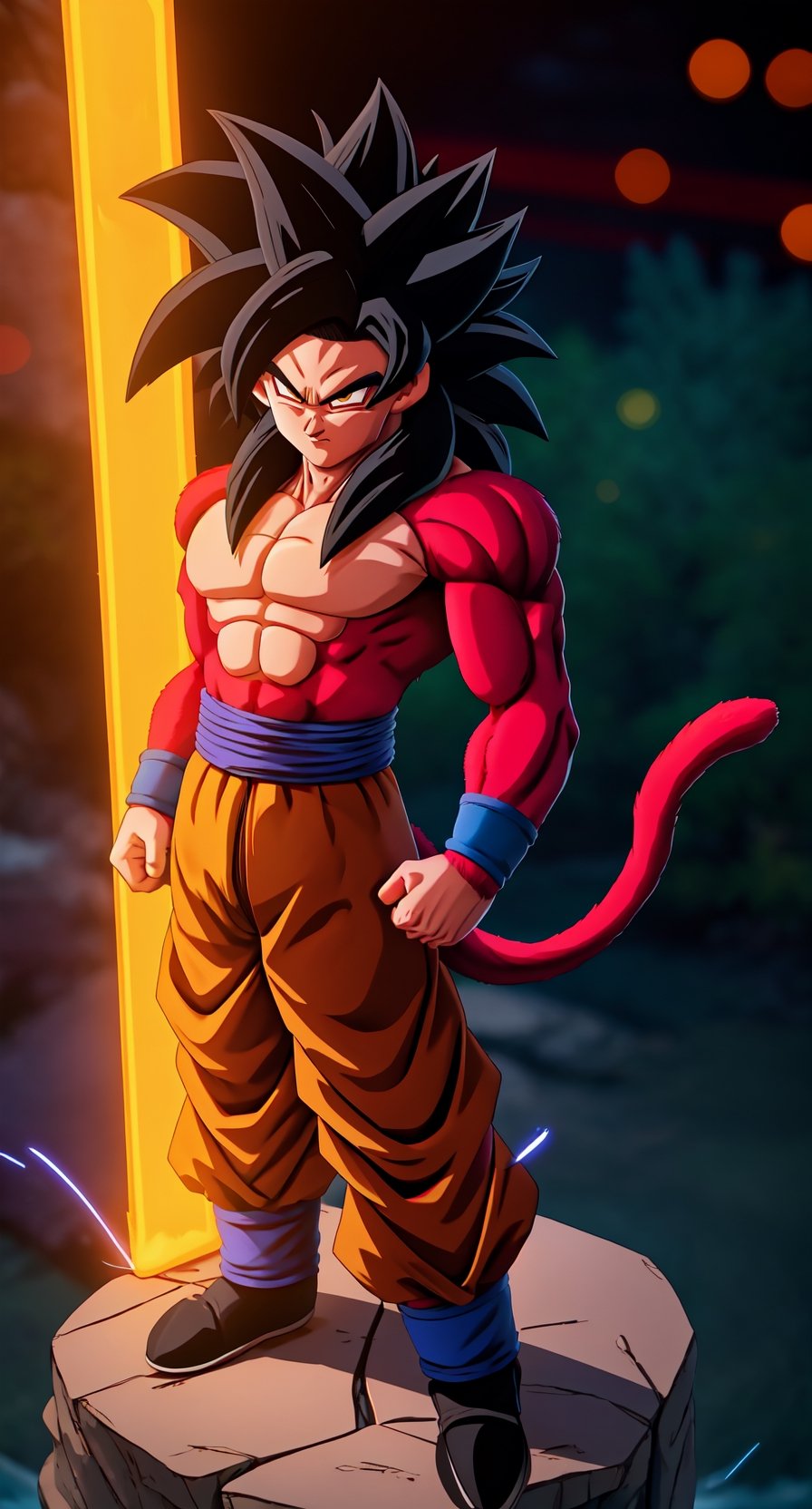 centered, solo, man, full body, standing, arms at sides, | aura, electricity, Super_Saiyan_4_Goku, 1boy, male focus, super saiyan, tail, wristband, pants, red fur, black hair, (looking at viewer), | china mountains, temple, | bokeh, depth of field,