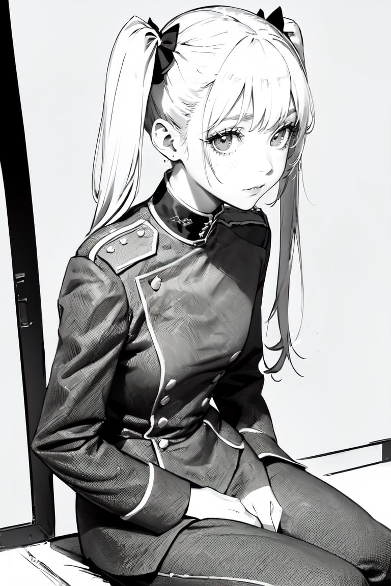 (super detailed), (beautiful background, detailed background),1girl, (Pigtails Hair) ,small breasts, monochrome, greyscale, female focus, (military general uniform), sitting, war,manly,holding , light ,WW,Uniform