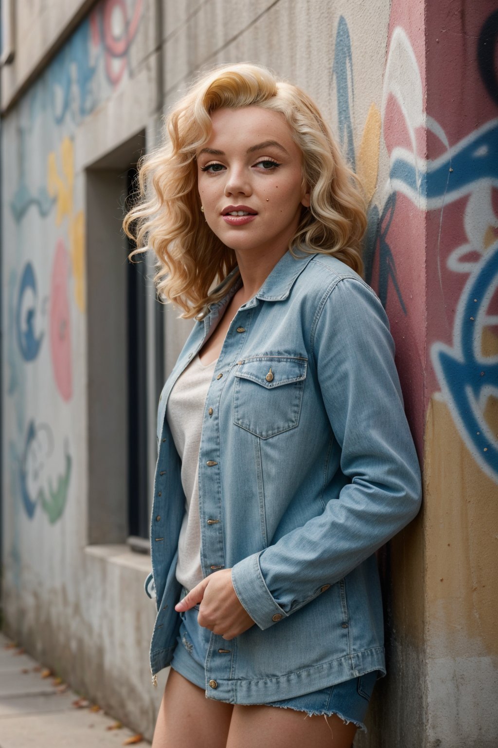 best quality,  portrait of Marilyn Monroe with long ginger wavy hair standing in front of a wall with graffiti,  wearing c...