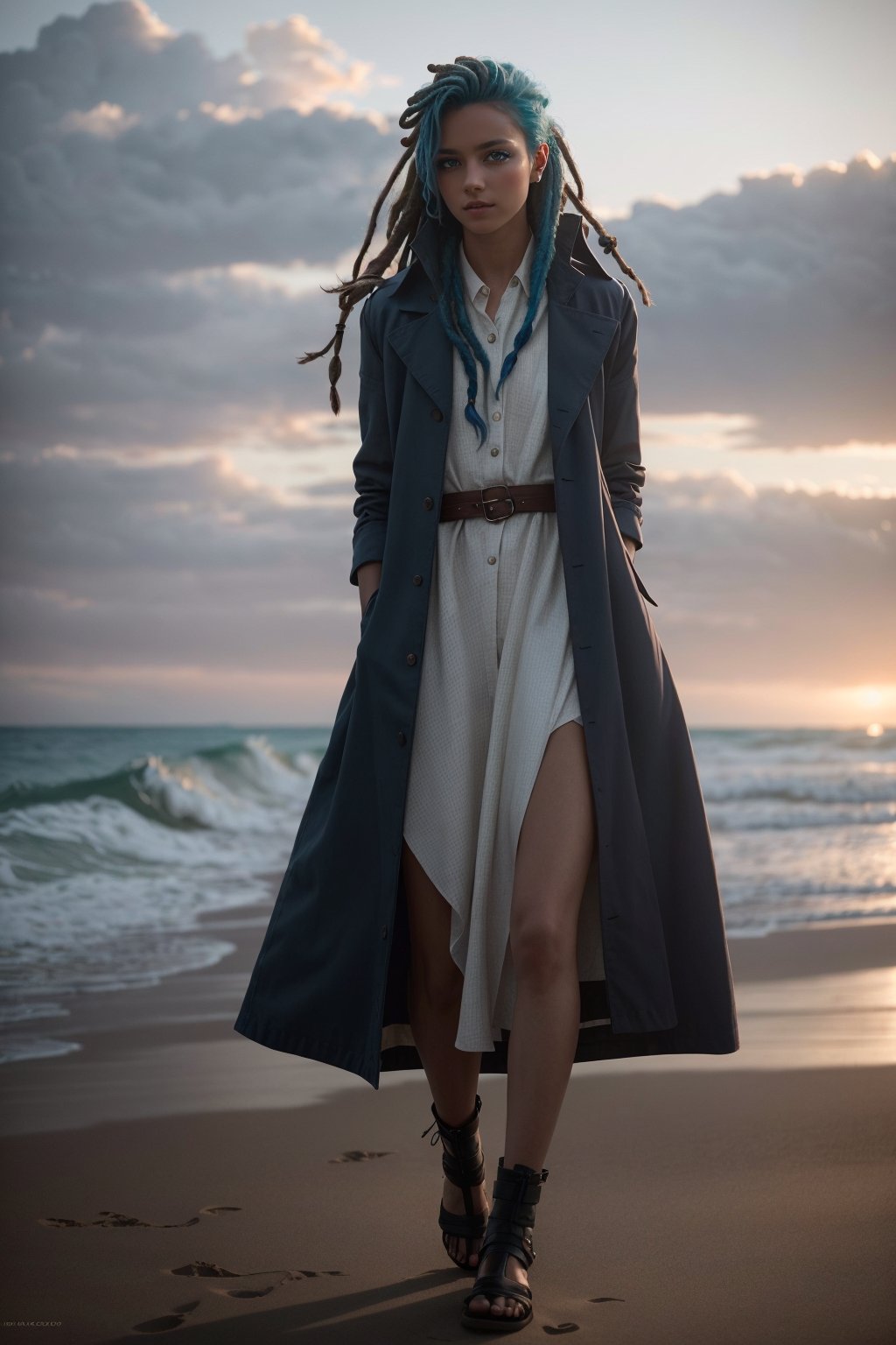 a woman with blue hair and dreadlocks standing on a beach ,  cgsociety,  antipodeans movie still by ArtAIAlchemy on Tensor...