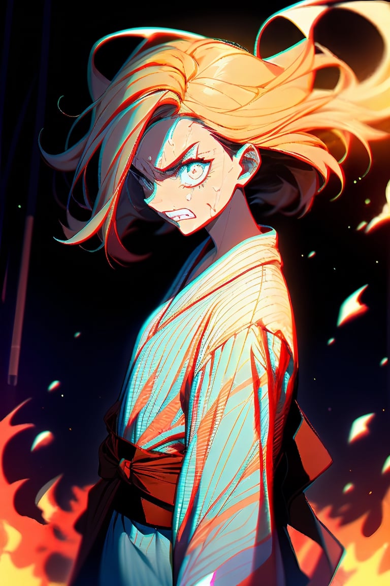 ,`detailed cg, anime picture, shiny hair and skin, chromatic aberration, transparent background, depth of field, colorful ,cinematic light, soft lighting, glowing skin,

Kamado_Nezuko, 1girl, solo, looking_at_viewer, teeth, orange_hair, slit_pupils, clenched_teeth, angry, veins, asa_no_ha_\(pattern\), checkered_sash, fire, forest