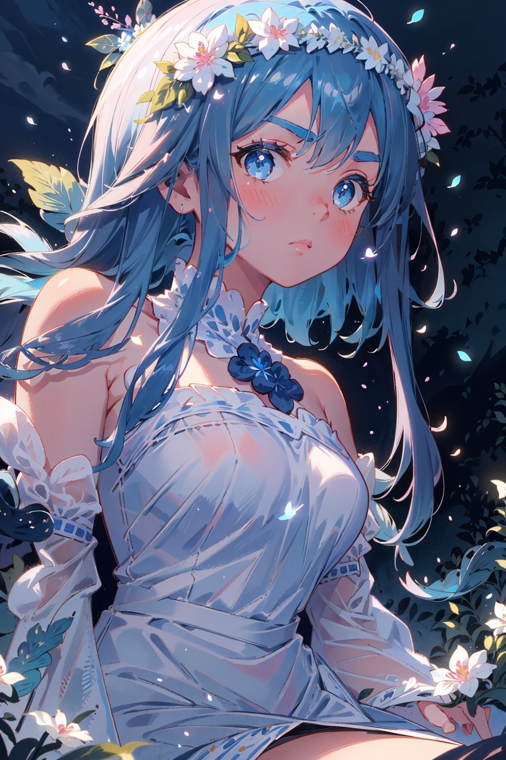 1girl, solo, blue eyes, dress, long hair, flower, looking at viewer, petals, wide sleeves, blue hair, sitting, head wreath, bangs, bare shoulders, pink flower, closed mouth, v-shaped eyebrows, detached sleeves, long sleeves, white dress, blurry, dutch angle, throne, breasts,firefliesfireflies,night sky