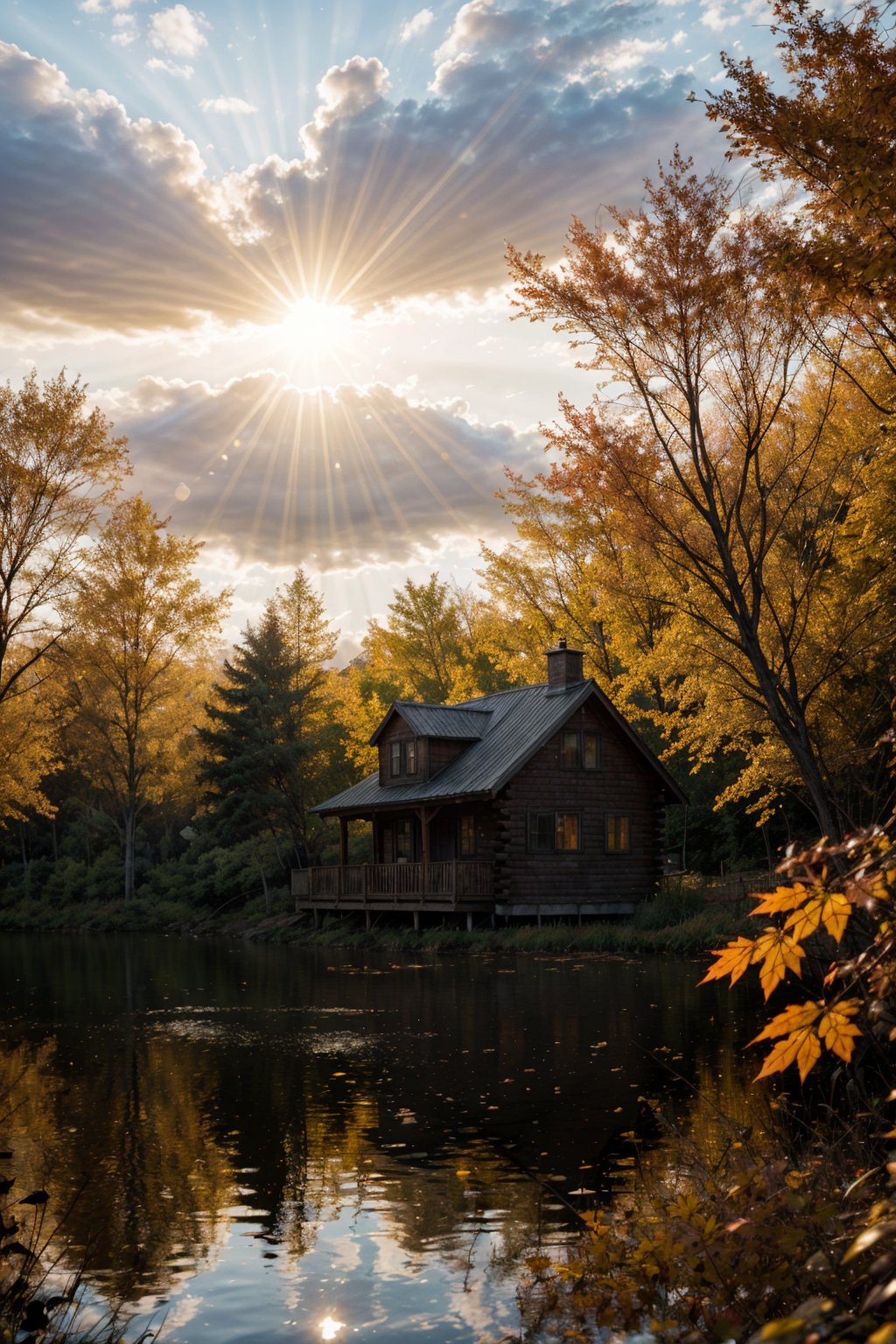 Wooden cabin in the midle of Lake,  perfect sunset light on far away,  golden rays by ArtAIAlchemy on Tensor.Art
