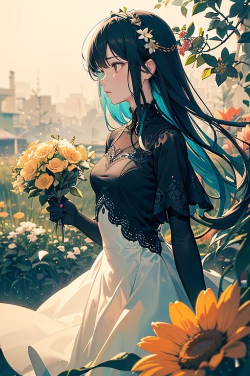 woman, flower dress, colorful, darl background,flower armor,green theme,exposure blend, medium shot, bokeh, (hdr:1.4), high contrast, (cinematic, teal and orange:0.85), (muted colors, dim colors, soothing tones:1.3), low saturation,