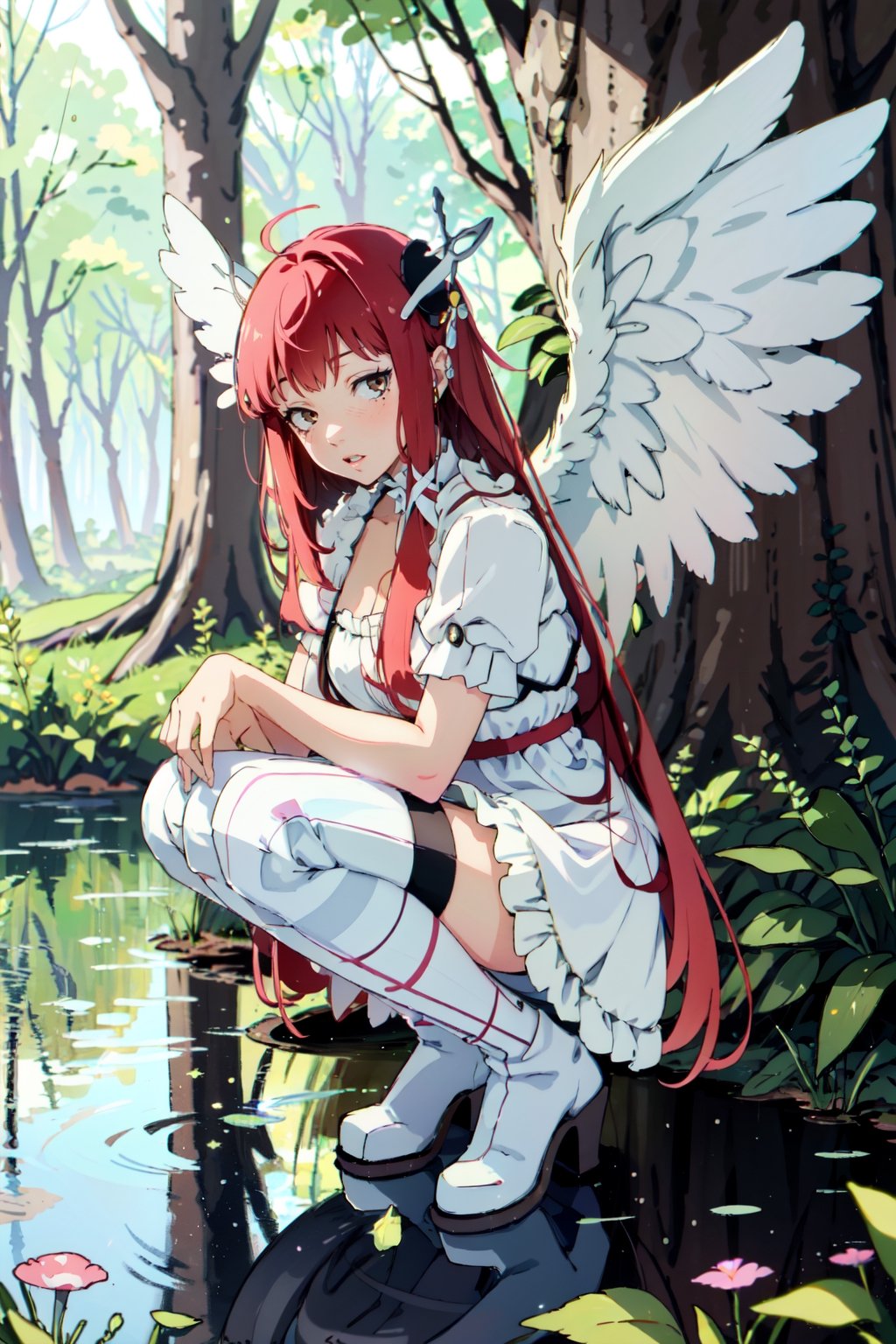  1girl, solo, short hair, thighhighs, dress, red hair, short sleeves, boots, outdoors, wings, striped, hair large ,puffy sleeves, red eyes, water, tree, puffy short sleeves, squatting, pink dress, nature, striped thighhighs, forest, rain, fairy wings, fairy, mushroom, pink thighhighs,midjourney,Persona3Chidori,angel_wings,angel