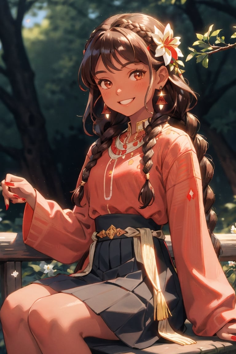 Light adjustment,Masterpiece, best quality,ultra detailed, 1girl, sitting, solo, smile, jewelry, looking at viewer, red nails, long hair, earrings, hair ornament, brown hair, teeth, tree, skirt, long sleeves, flower, blurry background, dress, shiny, braid, ribbondrak skin,dark_skin_female