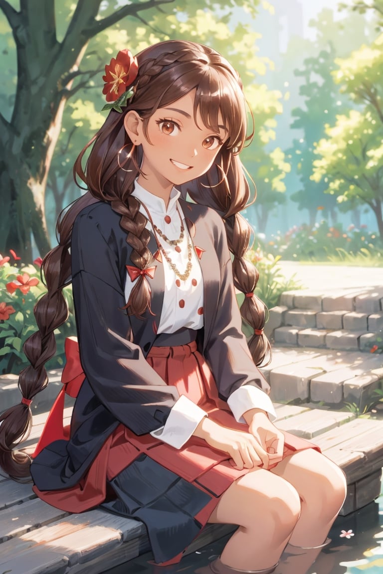 Masterpiece, best quality,ultra detailed, 1girl, sitting, solo, smile, jewelry, looking at viewer, red nails, long hair, earrings, hair ornament, brown hair, teeth, tree, skirt, long sleeves, flower, blurry background, dress, shiny, braid, ribbon,More Exposure,drk skin,dark_skin_female