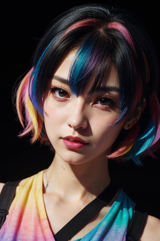 a close up of a person with a colorful hair and a black background,  anime style mixed with fujifilm,  anime vibes by ArtA...