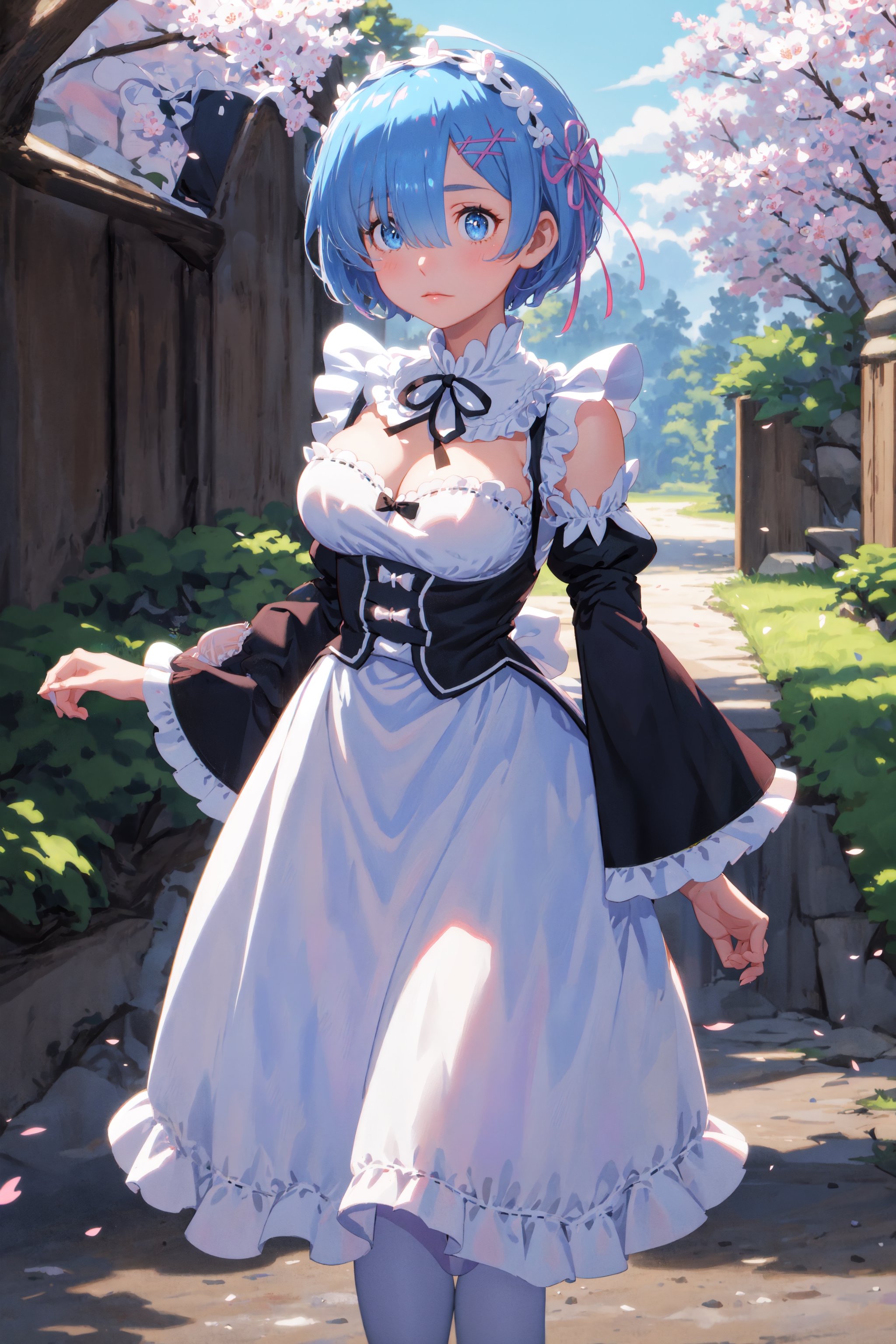 Women,background beauty sky , masterpiece,best quality,raw photo,tree sakura, crystal eyes,eye blue , crystal ,aarem, short hair, maid headdress, x hair ornament, hair ribbon, hair over one eye, large breasts, frills, neck ribbon, cleavage, dress, detached sleeves, white apron, waist apron, white pantyhose