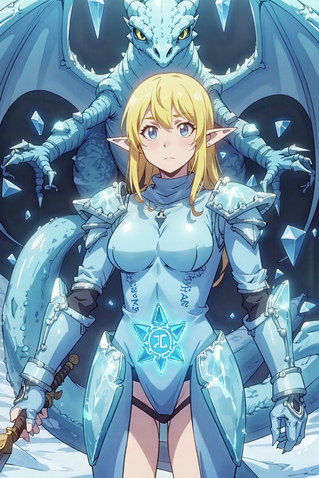 Cowboy shot, break ,Tuka_Luna ,woman ,blonde hair, solo, blue eyes, long hair, pointy ears, elf, Break, 
A woman surrounded by a majestic ice dragon. Her body is covered with ice armor that is organically formed, and she holds an ice sword in her hand. On its stomach, blue runes glow that seem to have magical power. The scene is a mix of fantasy and action, with a "cowboy shot" style that emphasizes the girl's heroics. The ice dragon in the background adds a touch of drama and danger to the image
