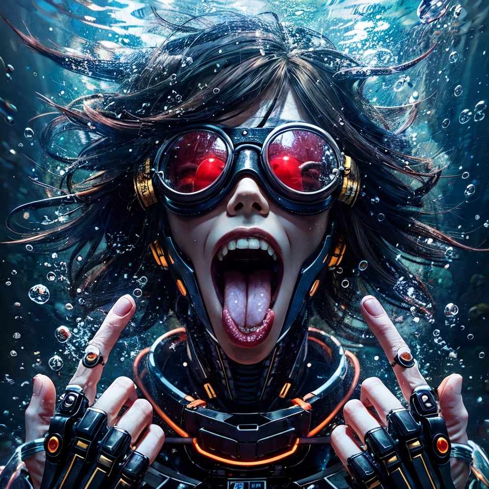 (super detailed), (beautiful background, detailed background),create it in a style ultrarealistic IMAX, Cinematic 24k, UHD-HDR 3D render, solo, 1girl, black hair, open mouth, realistic, 1boy, underwater, male focus, goggles, tongue, teeth, air bubble, looking at viewer, bubble, gloves, water, helmet, blood, traditional media, science fiction, abstract, long hair, short hair, shirt, tongue out, robot, upper body, painting \(medium\)