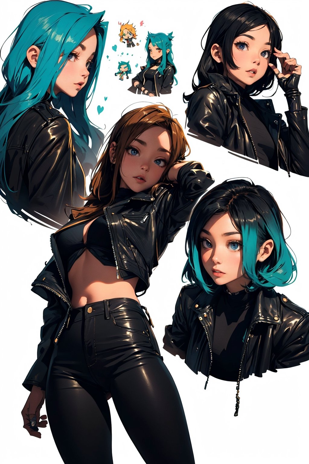 Very detailed illustration in anime style of an adult woman wearing rocker clothes, leather jacket black jeans, extremely detailed face, (very detailed hair), creepy dungeon environment, slimes, (secret of mana), (mushoku tensei merged with dungeons and dragons), JRPG, pixiv, konachan, high contrast, flat colors, cel shaded