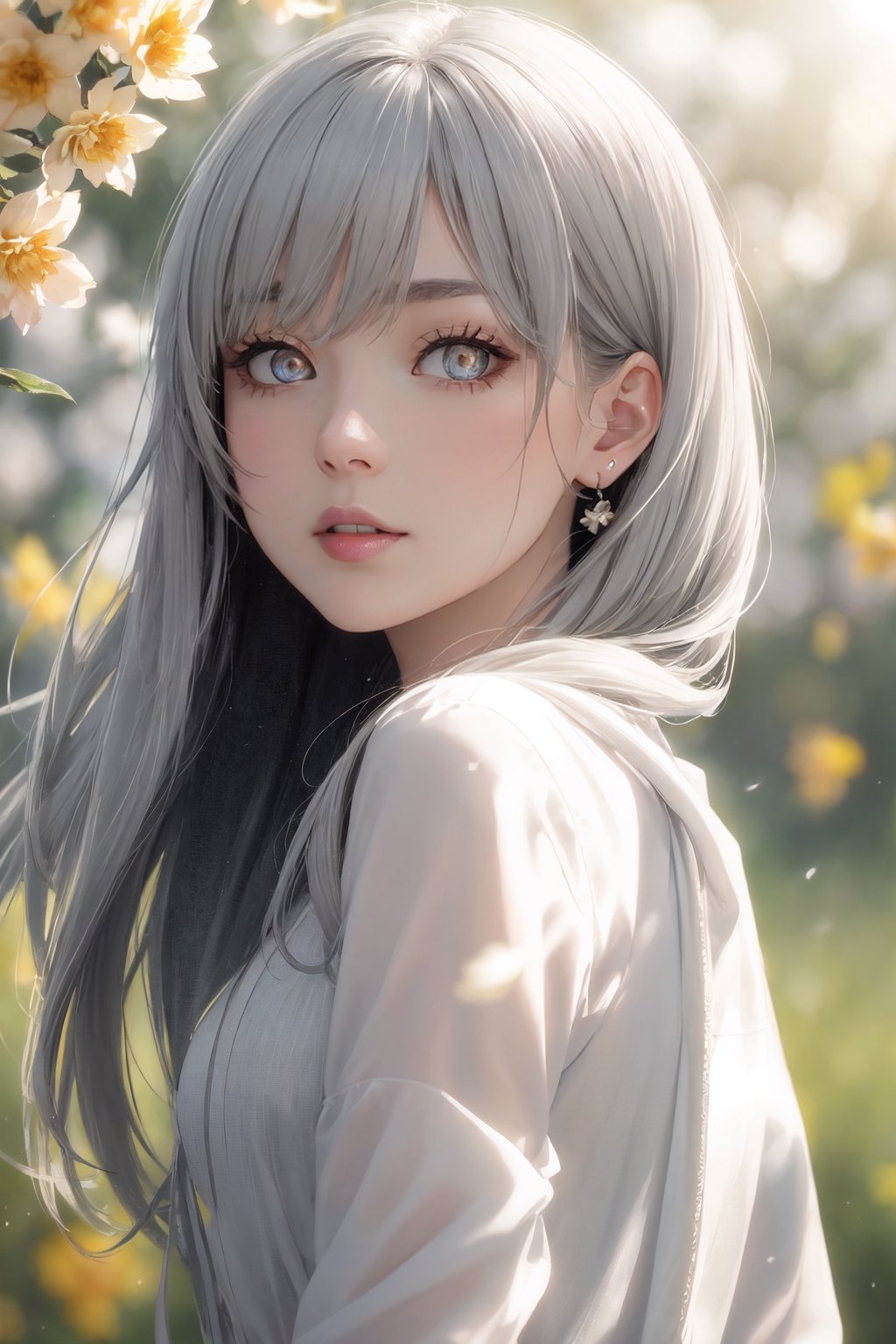 (masterpiece, high resolution, realistic portrait:1.3), an anime woman with an ethereal presence, portraying a serene sisterly figure, (long silver-white hair:1.2), cascading down her back, (light pink lips:1.1), gentle and calm, bangs elegantly framing her face, (gray pupils:1.4), radiating a sense of wisdom, standing in a cold wind, (realistic portrayal:1.1), delicate petals dancing in the air, (flower background:1.2), adding a touch of beauty and fragility, (calm and rational expression:1.1), portraying her composed nature, (delicate and serene face:1.2), capturing her tranquility, mid-shot focusing on her delicate features, (subtle wind-blown strands of hair:1.1), (background music:1.2), evoking a sense of calmness and introspection..Spotlights, Volumetric lighting, soft lighting,hard lighting ,front lighting sun ,(view sun)