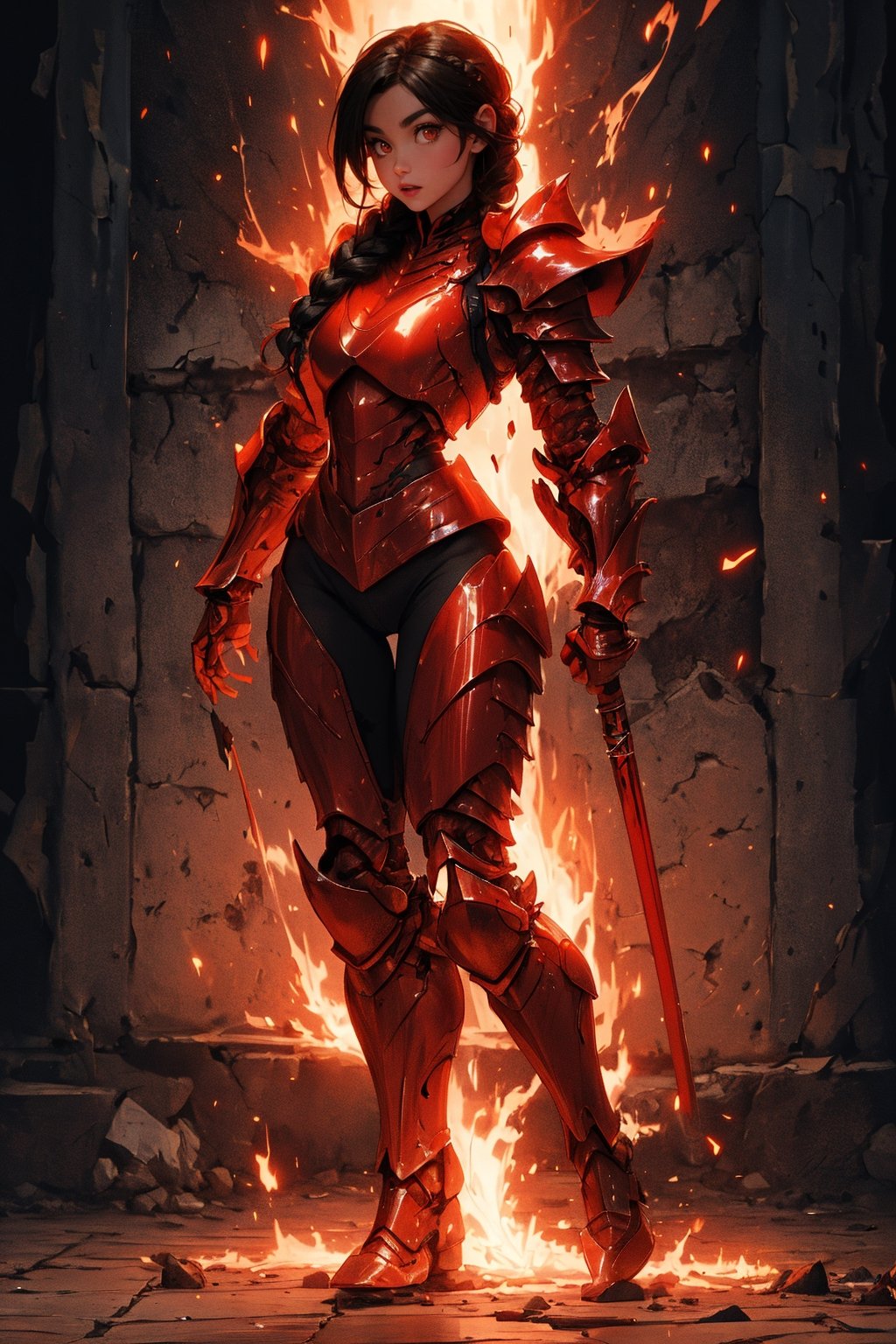 Beautiful 27 year old woman, ((red glowing eyes)), ((strong physique body)), (black hair), long_hair: 1.3, hair braid, bangs, serious look, hourglass body shape, detailed eyes, normal breasts quality, slim waist, (((strong physique body))), upper body knight armor, gauntlets, (detailed armor), lower body armor, broken stone floor, broken stone wall, fire surrounding, ((full-body_portrait)),worldoffire