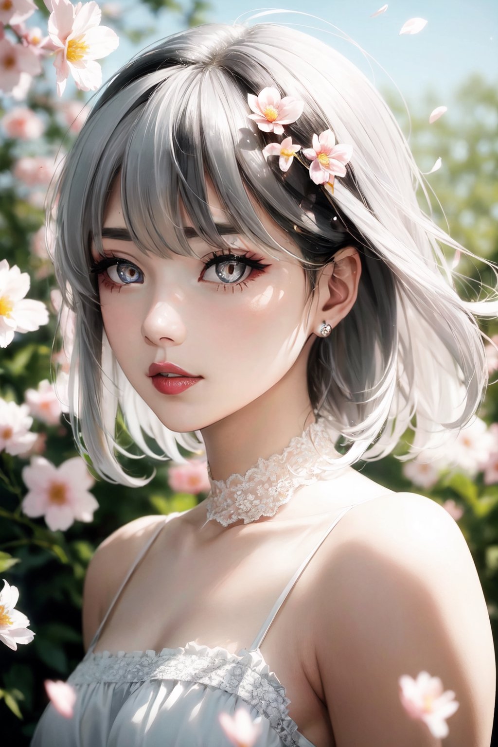 (front lighting:1.5),(masterpiece, high resolution, realistic portrait:1.3), an anime woman with an ethereal presence, portraying a serene sisterly figure, (long silver-white hair:1.2), cascading down her back, (light pink lips:1.1), gentle and calm, bangs elegantly framing her face, (gray pupils:1.4), radiating a sense of wisdom, standing in a cold wind, (realistic portrayal:1.1), delicate petals dancing in the air, (flower background:1.2), adding a touch of beauty and fragility, (calm and rational expression:1.1), portraying her composed nature, (delicate and serene face:1.2), capturing her tranquility, mid-shot focusing on her delicate features, (subtle wind-blown strands of hair:1.1), (background music:1.2), evoking a sense of calmness and introspection..Spotlights, Volumetric lighting, soft lighting,hard lighting ,front lighting sun ,(view sun)