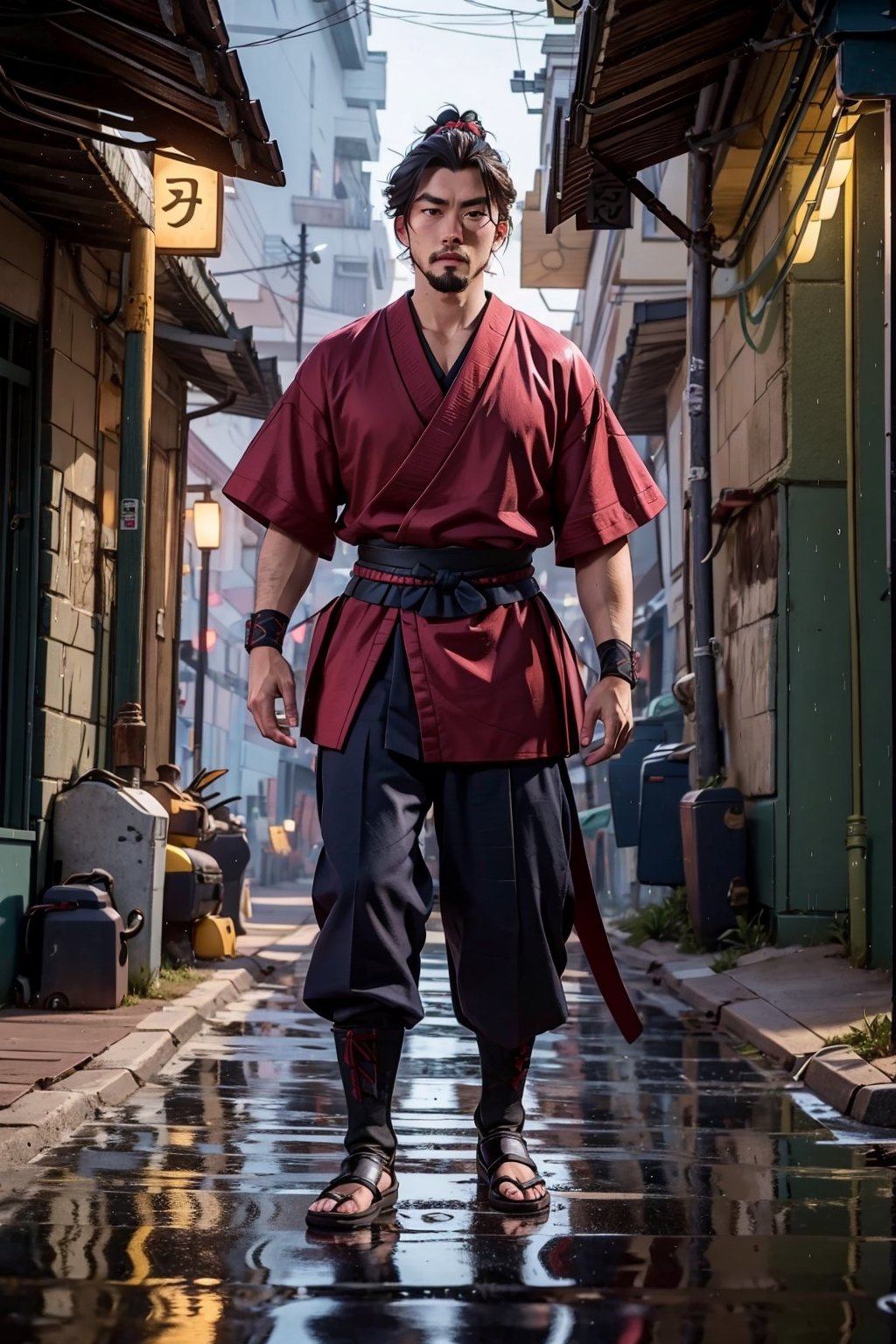 A mix between a modern soldier and a samurai in a rainy alley by ArtAIAlchemy on Tensor.Art