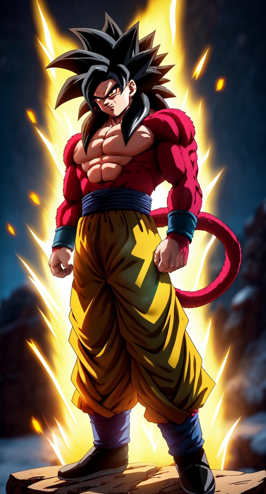 centered, solo, man, full body, standing, arms at sides, | aura, electricity, Super_Saiyan_4_Goku, 1boy, male focus, super saiyan, tail, wristband, pants, red fur, black hair, (looking at viewer), | china mountains, temple, | bokeh, depth of field,