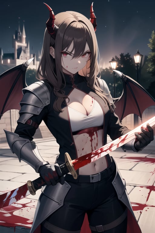 Brunette, red  eyes, demon horns, demon wings, athletic body, medium boobs, female armor, cleavage, stained with blood, ((holding a sword covered in blood)) ,serious face , at castle, night