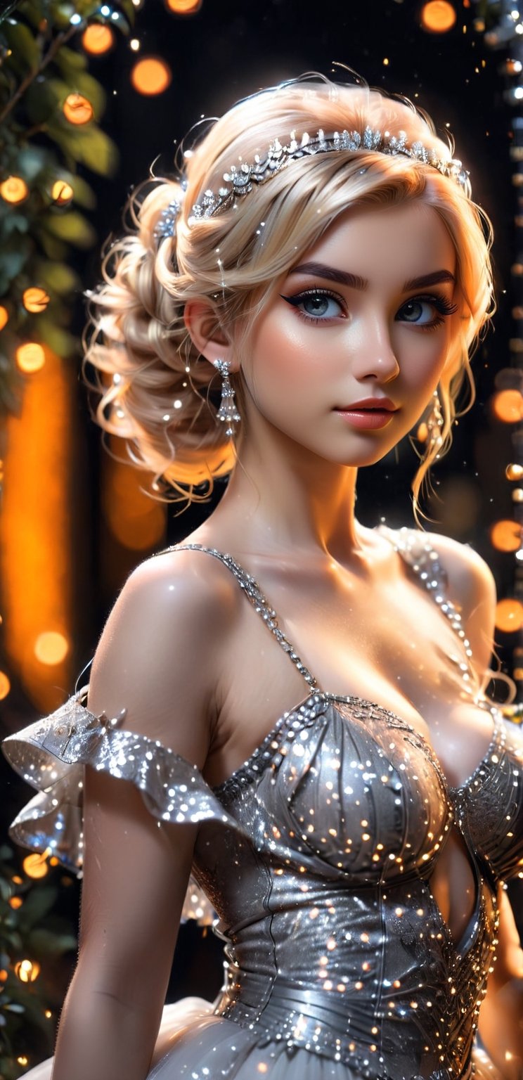 Story, sparkling beautiful eyes, blonde hair, bride posing under a fairy tale, elaborate scene style, glitter, orange, realistic style, 8k,exposure blend, medium shot, bokeh, (hdr:1.4), high contrast, (cinematic, dark orange and white film), (muted colors, dim colors, soothing tones:1.3), low saturation, (hyperdetailed:1.2), (noir:0.4),1 girl,GdClth,gauntlets,topless,firefliesfireflies,seethrough_china_dress,ellafreya,monochrome