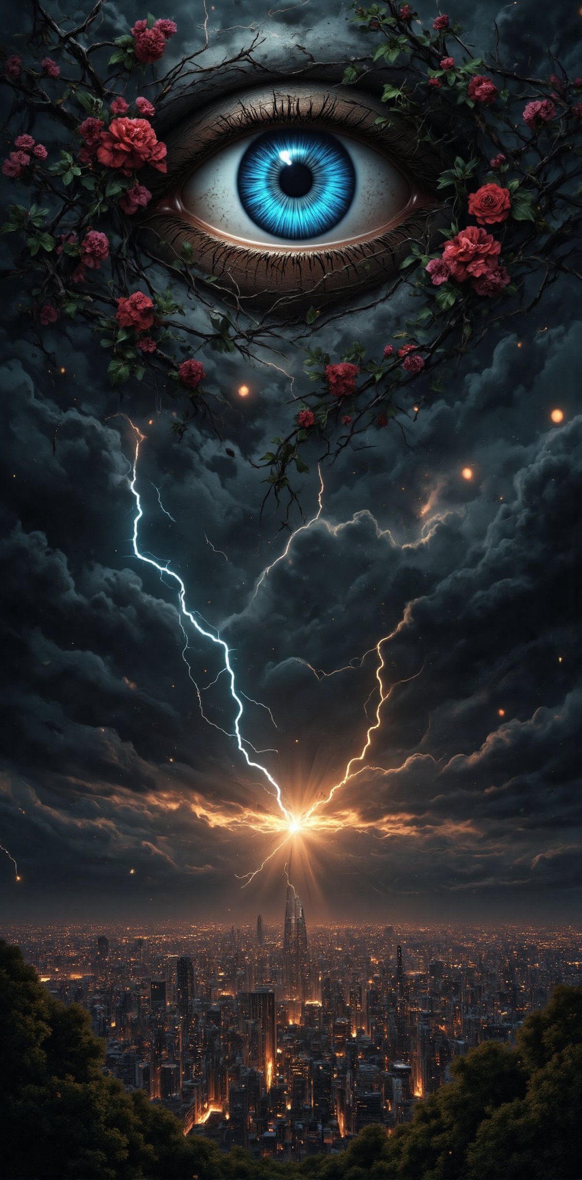 "Ethereal Eye in the Storm": Create a scene with a close-up of a radiant, blue eye emerging from stormy clouds. Surround the eye with intricate vines, adorned with blooming red and pink flowers, and glowing green leaves. In the background, a bustling, golden-lit cityscape emerges from the dark, rolling clouds, while a bolt of lightning cuts through the scene, splitting the sky in half. Small luminous particles float in the air, giving a sense of otherworldly magic. The scene should blend natural and urban elements seamlessly, creating a mystical yet contemporary atmosphere.