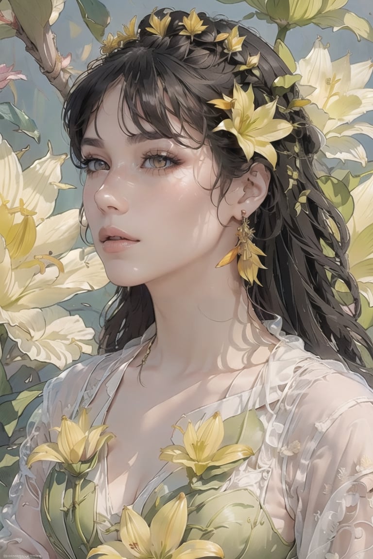 (Cinematic lighting, bloom), (outdoor), (Best Quality, Masterpiece, high resolution), (beautiful and detailed eyes), (realistic detailed skin texture), (detailed hair), (realistic light and detailed shadow), (real and delicate background), (half body), 1girl, A lady with long black hair, hair flower, earrings, chinese style Clothing, ancient cheongsam, Collarbone, Disgusted Scowl, parted lips, Transparent watercolor, ((yellow lily)), mucha art style,ancient_beautiful,better_hands