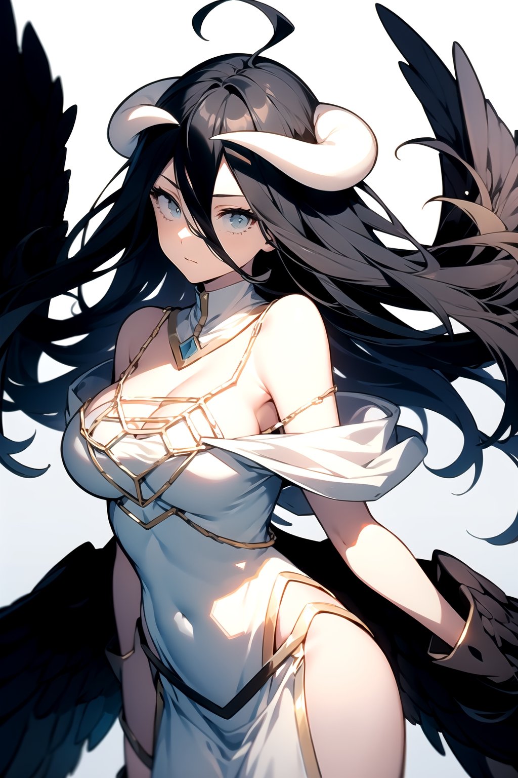 //Quality,
masterpiece, best quality
,//Character,
1girl, solo
,//Fashion,
,//Background,
white_background
,//Others,
,al1, demon horns, white gloves, white dress, bare shoulders, detached collar, cleavage, slit pupils, black wings, feathered wings, low wings,white dress,detached collar, full_body,portrait