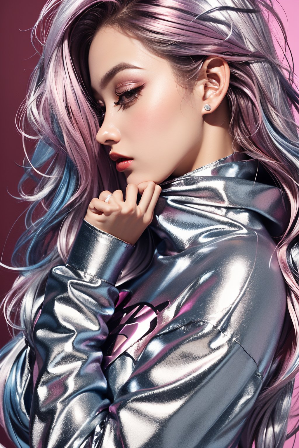  masterpiece, top quality, best quality,(close-up:1) (gradient Metallic tin foil background:1), ((1girl, gradient gradient hair)), ( gradient Metallic tin foil dress, pink eyeshadows)