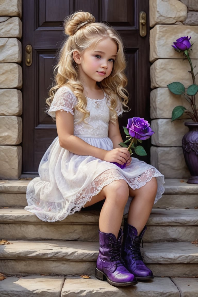 Fantasy colored sketch and alcohol ink. Side view of a beautiful little girl with long, curly blonde hair in a bun, wearing a white lace dress and boots, holding a purple rose and sitting on the stone steps in front of a door. The bokeh features the beautifully intricate black railing of the stone stair handrail.