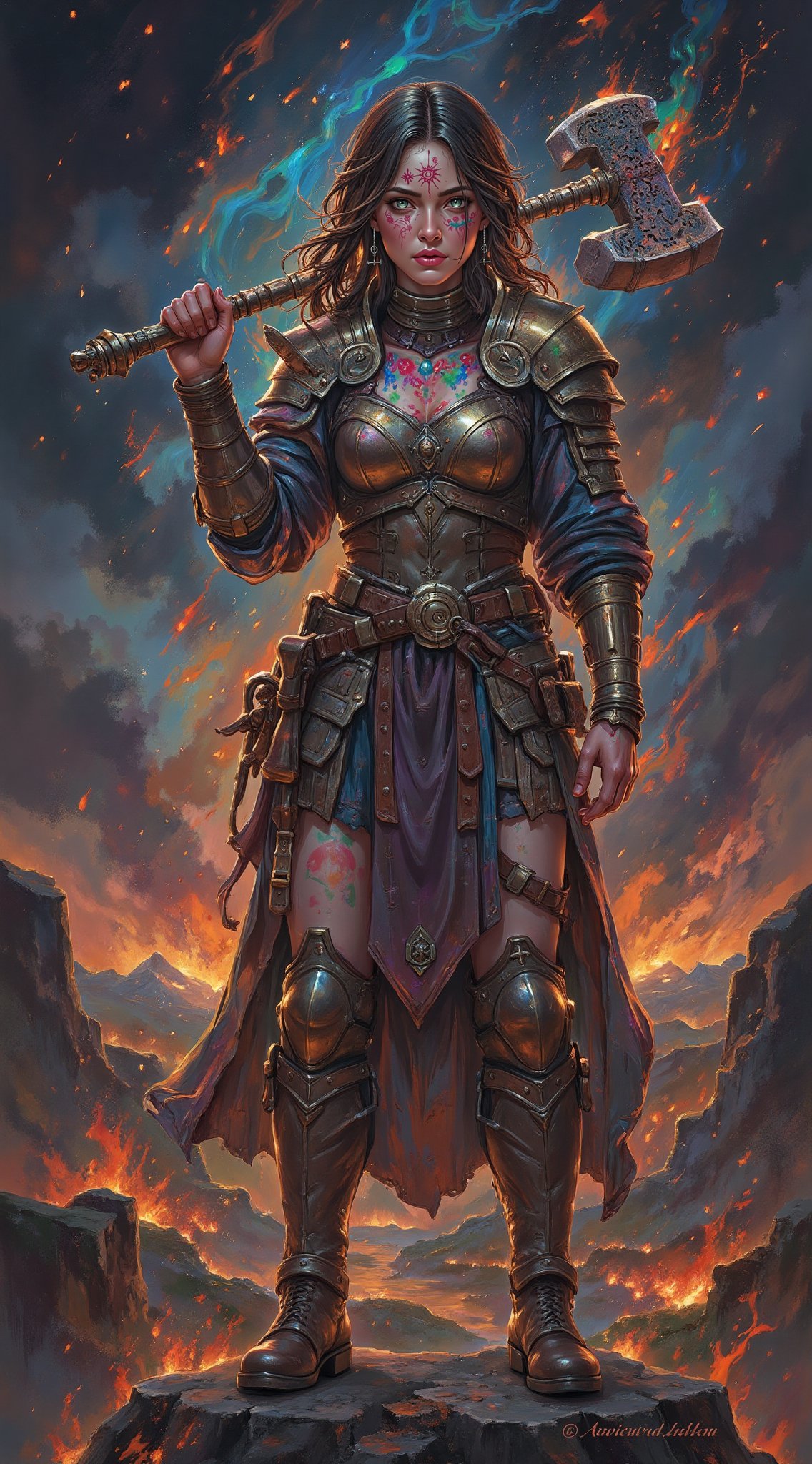 A defiant healer turned warrior,  her weathered face marked by both time and battle. Her habit is torn and re-stitched wit...