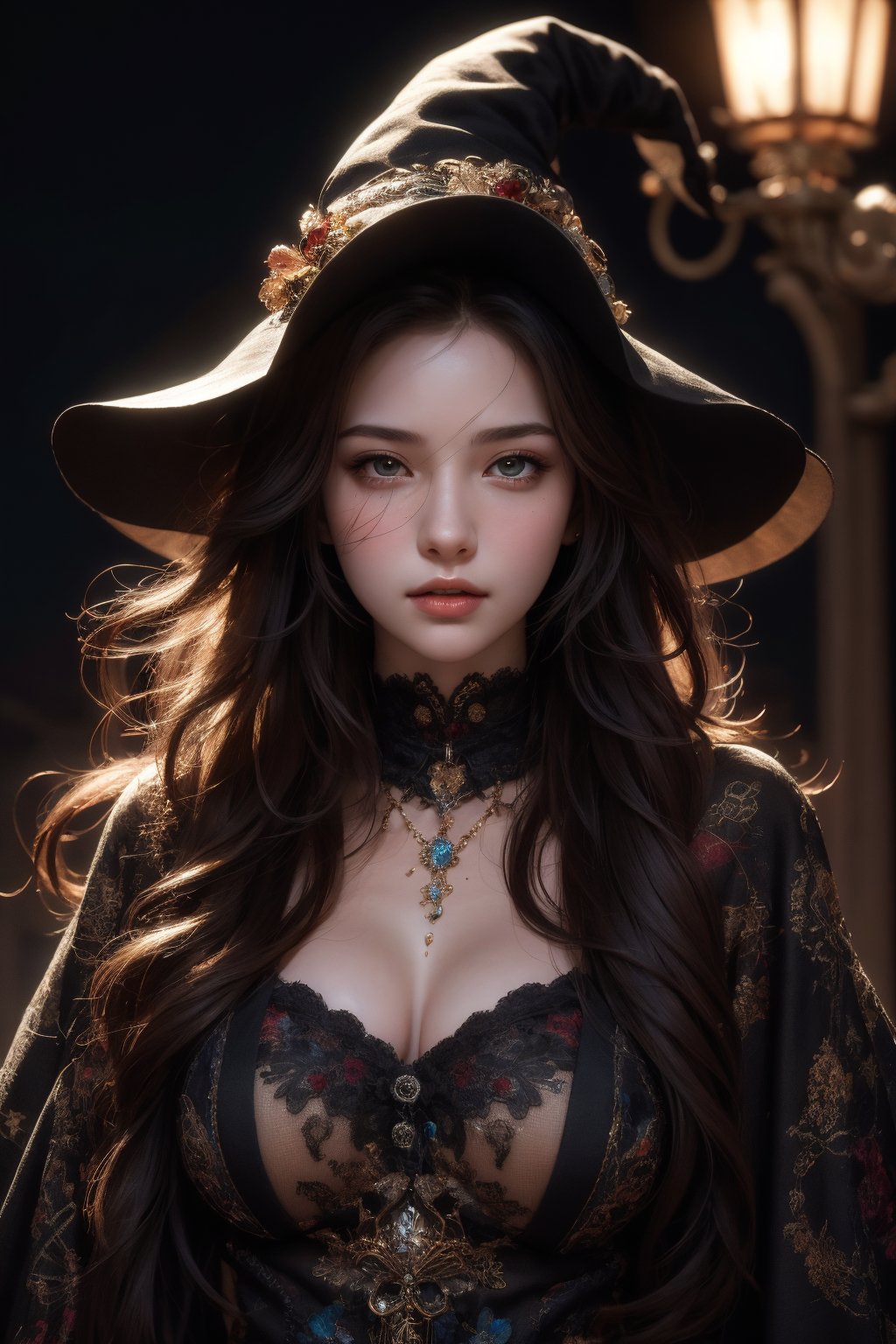  official art,beautiful and aesthetic,1girl,long hair,beautiful face,detailed eyes,colorful,jewelry,night,(realistic:1.5),extreme detailed,(fractal art:1.3),witch,