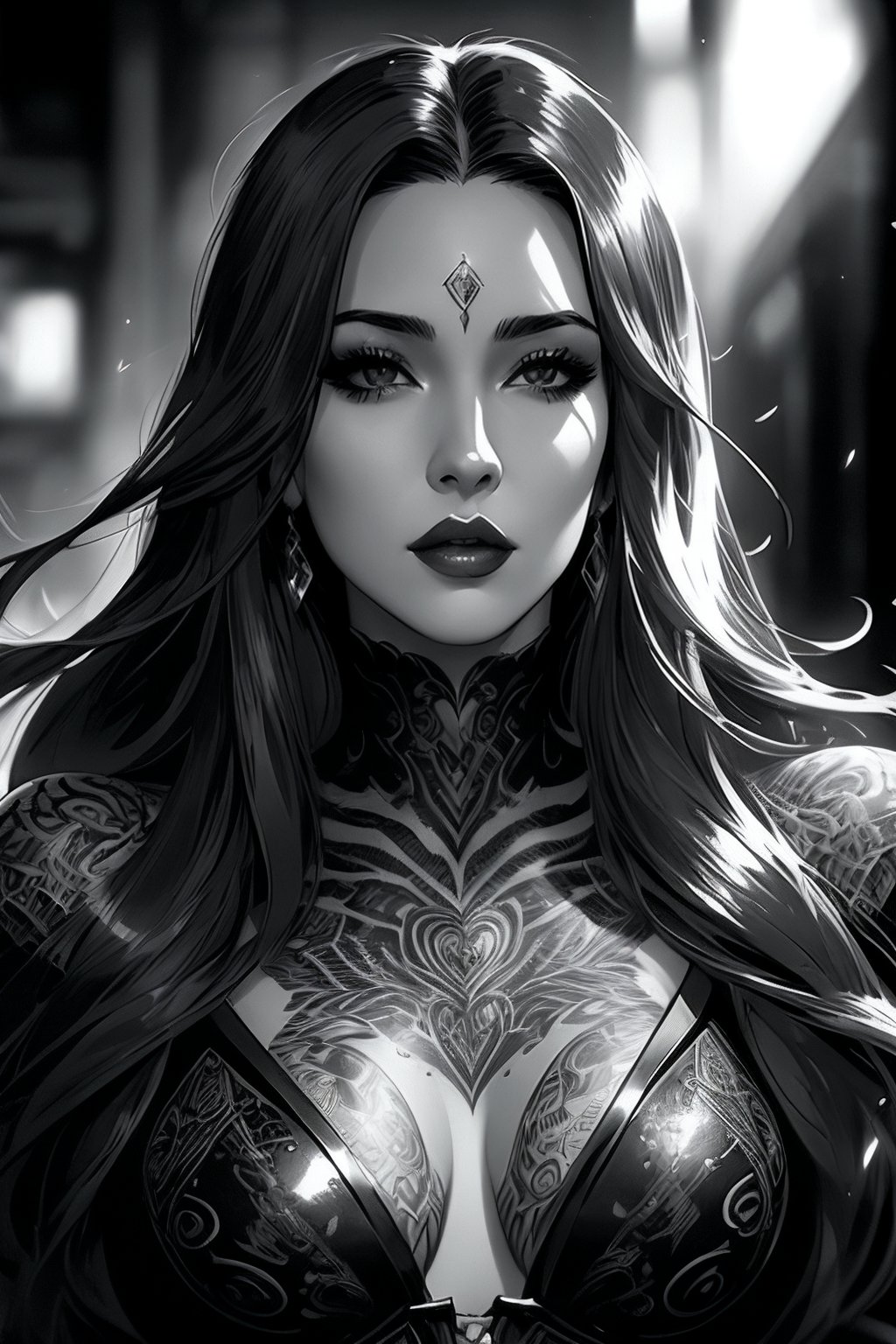 female, fantasy, beauty, in the style of noir comic art, realistic hyper-detailed portraits, tattoo, black and white grayscale, chicano art, realistic yet romantic, flowing lines --ar 23:36 --stylize 750 --v 6