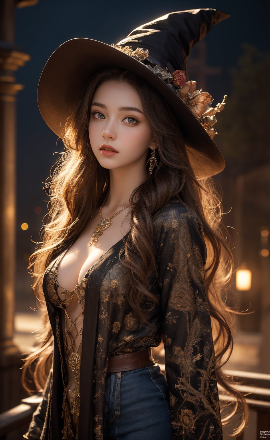  official art,beautiful and aesthetic,1girl,long hair,beautiful face,detailed eyes,colorful,jewelry,night,(realistic:1.5),extreme detailed,(fractal art:1.3),witch,