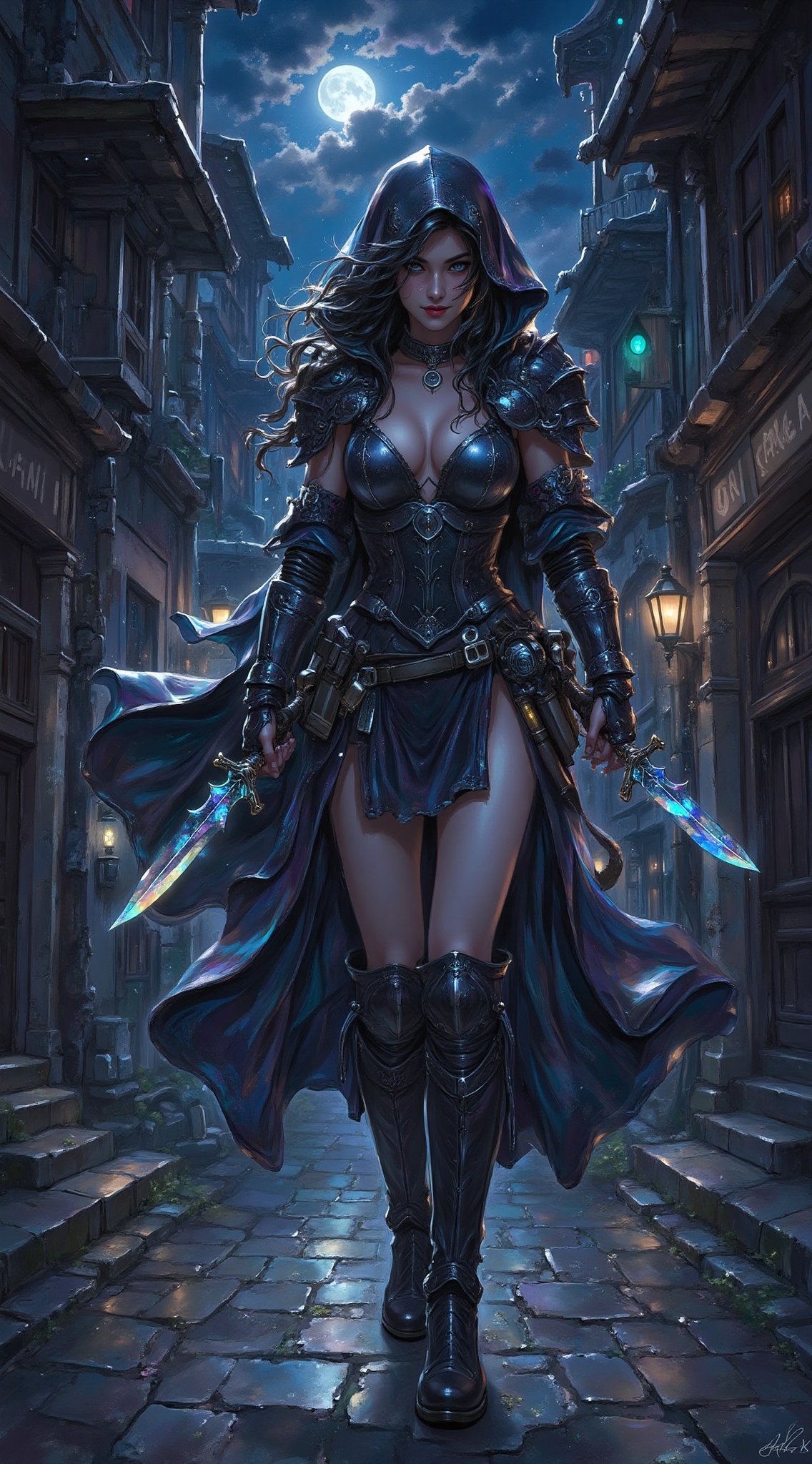 In the shadows of a moonlit alley,  a female rogue slips silently between pools of light,  her form barely more than a whi...