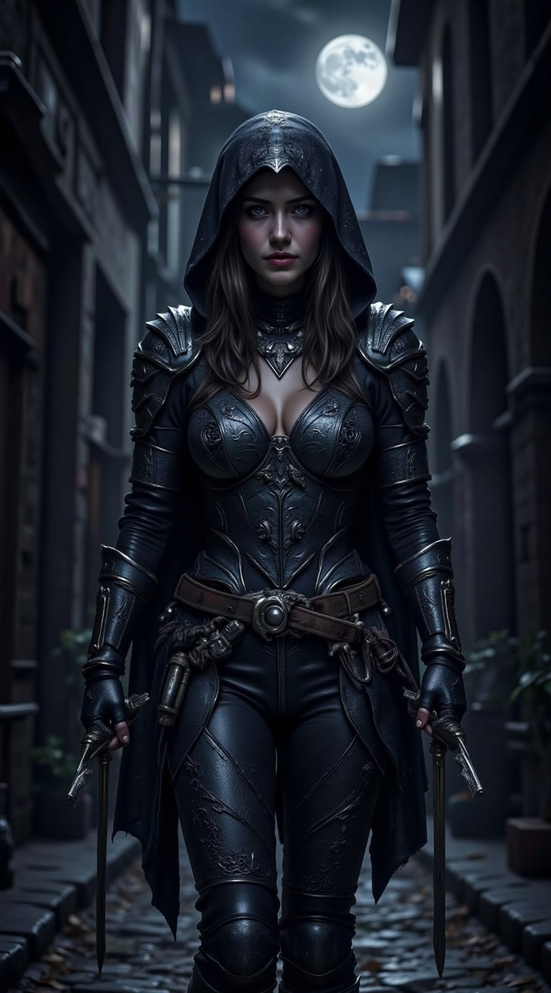 In the shadows of a moonlit alley,  a female rogue slips silently between pools of light,  her form barely more than a whi...