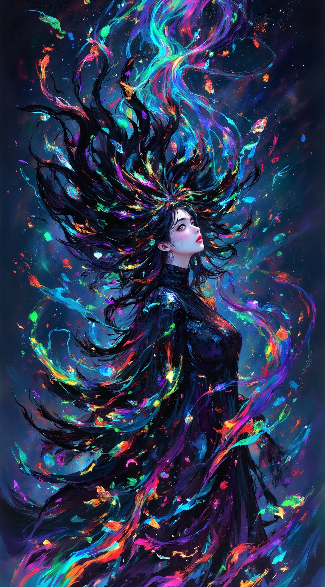A woman with shrouded hair and a cascade of billowing,  feathered cloak,  stands in a dynamic by SHAREEFSHAHEEN on Tensor.Art